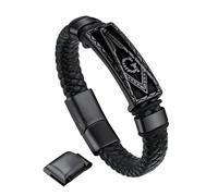 Bandmax Pulsera Negra de Piel Hombre - Cuero Mason Cordones Trenzado Simbolo Escuadra Compas, Ajustable 21cm