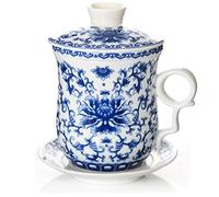 BandTie Práctico sistema de preparación de té para oficina de viaje, jingdezhen chino, azul y blanco, porcelana, taza de té infusor de 4 piezas con tapa de taza de té y plato