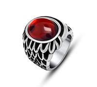 Banemi Anillos góticos para hombre, anillos de acero de titanio con alas góticas con anillos de ágata roja, T 1/2, Plata de ley, Sin piedra preciosa
