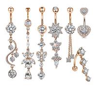 Banemi Anillos Piercing Ombligo, Piercing Ombligo Con El Tao 7Pcs Colgante Corazón Redondo Con Circonitas en Forma de Flor Barras Del Ombligo