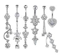 Banemi Anillos Piercing Ombligo, Piercing Ombligo Con El Tao 7Pcs Colgante Corazón Redondo Con Circonitas en Forma de Flor Barras Del Ombligo