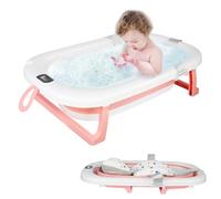 Bañera Bebe Plegable con Termómetro Digital, Bañera Bebe con Cojín Bañera Bebe con Toma Pomo de Ducha, Ergonómica y Poco Encombrante, 0 a 24 Meses (Rosa- 80 x 50 x 23 cm)
