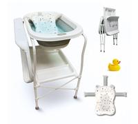 BAÑERA BEBÉ PLEGABLE Premium con Cojín Antideslizante + Cambiador y Patas Estables | Diseño Ergonómico, Ligero y Flexible | Apto Para Recién Nacido | Soporte + Pato Extra (Gris Soporte con Pato)