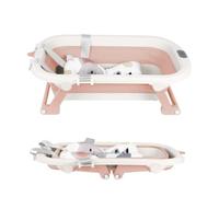 Bañera infantil plegable con cojín de baño y termómetro integrado, bañera infantil con soporte, de 0 a 3 años, lavabo de ducha portátil antideslizante (D-rosa-83 x 47 x 28 cm)