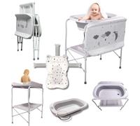 Bañera Multifuncional para Bebé 5en 1: Plegable con Soporte, con Cojín Antideslizante, Cambiador, Bandejas Organizadoras, Desagüe con Tubo y Soporte para Ducha (Gris Cojín)
