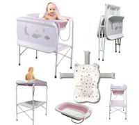 Bañera Multifuncional para Bebé 5en 1: Plegable con Soporte, con Cojín Antideslizante, Cambiador, Bandejas Organizadoras, Desagüe con Tubo y Soporte para Ducha (Rosa Cojín)