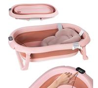 Bañera para bebé plegable - Bañera de bebé rosa oscuro con termómetro y cojín de baño - 80 cm - Bañera infantil antideslizante portátil