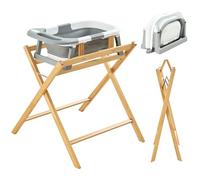 Bañera para bebés FUNLIO con soporte, bañera plegable y soporte de madera plegable para bebés de 0 a 24 meses, soporte seguro de 8 puntos, capacidad de 50 kg - Ergonómica y cómoda para la espalda