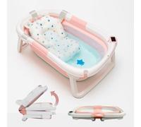 BAÑERA PLEGABLE BEBÉ 5 EN 1 con Termómetro + Cojín Protector + Patas Antideslizantes + Tapón de Seguridad | Apta para Bebé Recién Nacido | Diseño Plegable en 2 | Fácil de Guardar y Transportar (Rosa)