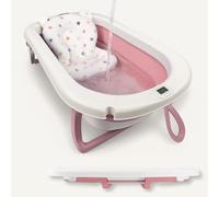 BAÑERA PLEGABLE BEBÉ 5 EN 1 con Termómetro + Cojín Protector + Patas Antideslizantes + Tapón de Seguridad | Apta para Bebé Recién Nacido | Diseño Plegable en 1 | Fácil de Guardar (Rosa pastel)
