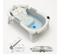 BAÑERA PLEGABLE BEBÉ 5 EN 1 con Termómetro + Cojín Protector + Patas Antideslizantes + Tapón de Seguridad | Apta para Bebé Recién Nacido | Diseño Plegable en 2 | Fácil de Guardar y Transportar (Gris)