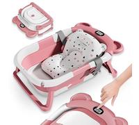 Bañera Plegable Bebé Con Cojín De Baño Antideslizante - Bañera Bebe Plegable Con Termómetro - Asiento bañera Bebe - Desde El Nacimiento Hasta Los 3 Años - Regalos De Nacimiento (ROSA, BEAR)