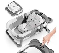 Bañera Plegable Bebé Con Cojín De Baño Antideslizante - Bañera Bebe Plegable Con Termómetro - Asiento bañera Bebe - Desde El Nacimiento Hasta Los 3 Años - Regalos De Nacimiento (GRIS, BEAR)