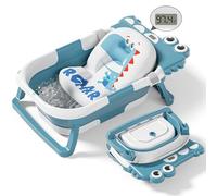 Bañera plegable de cocodrilo para recién nacidos con termómetro y 1 cojín flotante suave y agujero de drenaje, bañera de viaje plegable y portátil para recién nacidos y niños pequeños de 0 a 36 meses