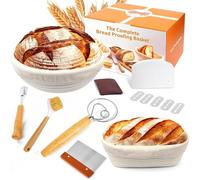 Banetones para Pan, 25cm Ovalada + 23cm Redondo Cesta de Fermentación de Pan, sourdough starter kit incluir Batidora Danesa, Espátula para Bol, Espátula para Masa Madre, Forros de Lino