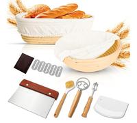 Banetones para Pan, Kit Completo de 10 Piezas con Cestas de Fermentación Redonda y Ovalada de Ratán Natural,con Raspador de Masa, Batidor, Cuchillo de Panadero y Paño de Lino,para Masa Madre y Pan Bao