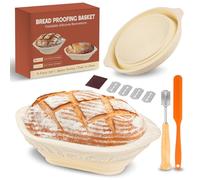 Banetones para Pan, Kit de Masa Madre con 2 Cestas de Fermentación de Silicona Plegables (Redonda y Ovalada), Forros de Tela, Cuchillo Panadero + 5 Cuchillas, Raspador y Guía de 8 Días