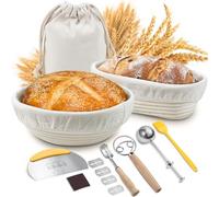 Banetones para Pan, Sopito Banneton 2 piezas Cesta Pan con Paño de Lino, Raspador de Masa, Cepillo de Silicona, Batidor de Masa, Cuchillo de Panadero, Tamiz de Harina, Bolsa de Almacenamiento