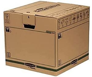 BANKERS BOX pack 5 cajas mudanza 85L (40,5×45,5×45,5cm), cartón doble, asas, sin cinta, montaje FastFold - resistentes y 100% reciclables - ideal para mudanza y almacenaje