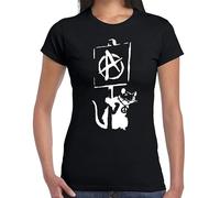 Banksy Anarchy Rat | Anarchist | Stencil Art | Joke Fun | Camiseta para mujer, Camiseta negra con estampado blanco, S