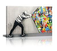 Banksy Cuadros sobre lienzo detrás de la cortina, graffiti callejero, arte pop, impresión artística, cuadro moderno, cuadro XXL para pared (con marco, 90 x 60 cm)