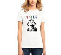 Banksy Smile Girl Graffiti Street Art - Camiseta de ajuste clásico para mujer, blanco, 42