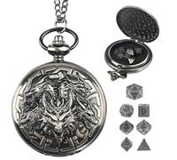 Banloga D&D - Juego de dados de metal de 7 piezas para Calabozos y Dragones, mini juego de dados con funda de reloj de bolsillo, accesorios de juegos de mesa (dragón, plata antigua)