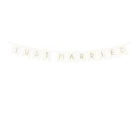 Banner de cartón con Escritura en inglés: Just Married. Blanco y Oro, 155 cm.