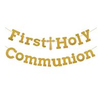 Banner de First Holy Communion, Decoraciones de Primera Comunión con Purpurina Dorada Decoración de Fiesta de Bautizo con Cuerda Banner Religioso para Baby Shower Decoración de Fiesta de Bautismo