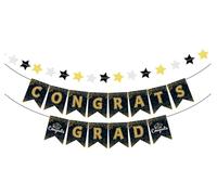 Banner de Graduación Negro y Dorado - Set de "Congrats Grad" con Guirnalda de Estrellas de 2,5 m, Decoración Elegante y Fácil de Colgar para Fiestas de Graduación