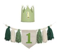 Banner De Silla Alta Decoraciones De Primer Cumpleaños Para Niño, Pancarta De Guirnalda De Borlas De Cuentas De Madera Para Primera Fiesta Del Bebé, Sombrero De Primer Cumpleaños De Niños Verdes