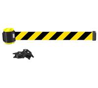 Banner Stakes Barrera de cinturón retráctil magnética multisuperficie de control de multitudes de 15 pies - Bandera de rayas diagonales amarillas/negras, divisor de seguridad para interiores y