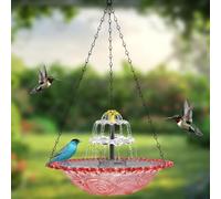 Baño colgante para pájaros con fuente solar para jardines al aire libre - Construcción de metal y ABS, 23,5 x 45 cm, atrae pájaros silvestres y mejora (rosa)
