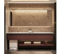 Baño doble flotante moderno de 88 pulgadas con lavabo, espejo LED inteligente antivaho para montaje en pared, puertas de cierre suave, diseño rojo y marrón para mejorar el baño