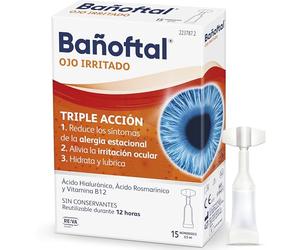 Bañoftal Ojo Irritado Monodosis - Gotas Oculares con Ácido Hialurónico, Ácido Rosmarínico y Vitamina B12 - Hidratación y Lubricación Ocular - Sin Conservantes - 15 Monodosis 0,5 ml