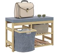 Banqueta para Zapatos de Bambú HOMCOM con Asiento, Cesta Extraíble y Estantes Abiertos para 4 de Zapatos, Banqueta para Zapatos para Entrada, Pasillo 69x30x45 cm Natural