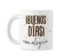 BAOBAB REGALOS- Buenos días con alegría - Taza original para regalar con frase motivadora y dibujo para desayuno. Cerámica blanca
