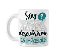 BAOBAB REGALOS Soy Tu AMIGO INVISIBLE descubrirme es Imposible - REGALO TAZA AMIGO INVISIBLE - Taza original para regalar en Navidad con frase y dibujo, ideal desayuno. Cerámica blanca