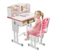 BaoBaJiu Juego de Escritorio y Silla para Niños, Mesa de Estudio Altura Ajustable con Tablero Plano Grande, Estantería de 2 Niveles y Cajón, Estación de Trabajo Ergonómica Escolar 3-18 Años(Pink)