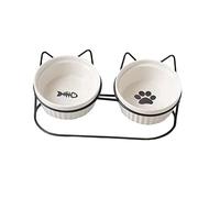 Baoblaze 2 Piezas Comedero Elevado Gato Doble Platos Cerámica Alzados Marco Hierro Separado Fácil Limpieza Deslizamiento Seguro Adecuado para Gatos Cachorros U, Blanco