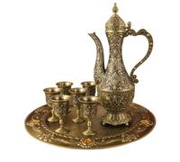 Baoblaze 7 Piezas Jarra Tradicional Juego de Licor Bandeja Copas Vaso Metálico con Tapa Ewer Clásico Diseño Arqueado Florales Embossado Adecuado para, Bronce Antiguo, Flor Clásica