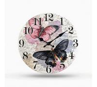 Baoblaze Reloj de Pared Analógico Redondo Reloj Decorativo Reloj Silencioso Reloj Vintage de Madera con Ilustración de Naturaleza y Flores Lectura Clara Apto, 35x35cm, Butterfly