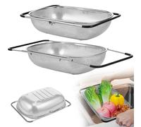 BAODBF 2 piezas sobre el fregadero con cesta de colador fino y mango de goma, colador ovalado escalable de acero inoxidable para colar, escurrir, lavar frutas y verduras, 35,5 × 24 × 8,8 cm