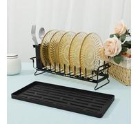 BAODBF Escurreplatos pequeño de acero inoxidable, organizador de fregadero de cocina, ahorra espacio con bandeja de goteo, para la encimera de la cocina con soporte para utensilios, color negro