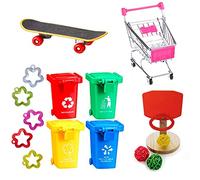 BaoFufc Juego de juguetes de entrenamiento para pájaros, monopatín, basura, aro de baloncesto, carrito de compras, juguetes masticables, color gris africano