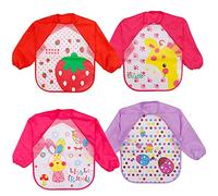 Baogaier Baberos Bebe con Mangas Impermeables Manga Larga Lavables Camiseta EVA Comida Baberos de Alimentación Fáciles de Lavar Niños Niña Ajustable Babero para Comer Pintar Tocar 4PCS - Rojo Rosa