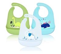 Baogaier Baberos Bebe Impermeables Silicona Niños Lavables con Bolsillo Baberos Reutilizables de Alimentación Súper Suave Fáciles de Lavar Animales Grande Ajustable para Niño Verde Azul Gris - 3 PCS