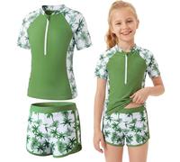 Baogaier Niñas Traje de Baño 2 Piezas Manga Corta Protección Solar, Secado Rápido Estampado Top con Cremallera y Shorts, Elástico Rash Guard Playa Piscina Bañador Ropa para 5-6 Años, Verde