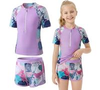 Baogaier Niñas Traje de Baño 2 Piezas Manga Corta Protección Solar, Secado Rápido Estampado Top con Cremallera y Shorts, Elástico Rash Guard Playa Piscina Bañador Ropa para 13-14 Años, Morado
