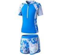Baogaier Niñas Traje de Baño 2 Piezas Manga Corta Protección Solar, Secado Rápido Estampado Top con Cremallera y Shorts, Elástico Rash Guard Playa Piscina Bañador Ropa para 13-14 Años, Azul